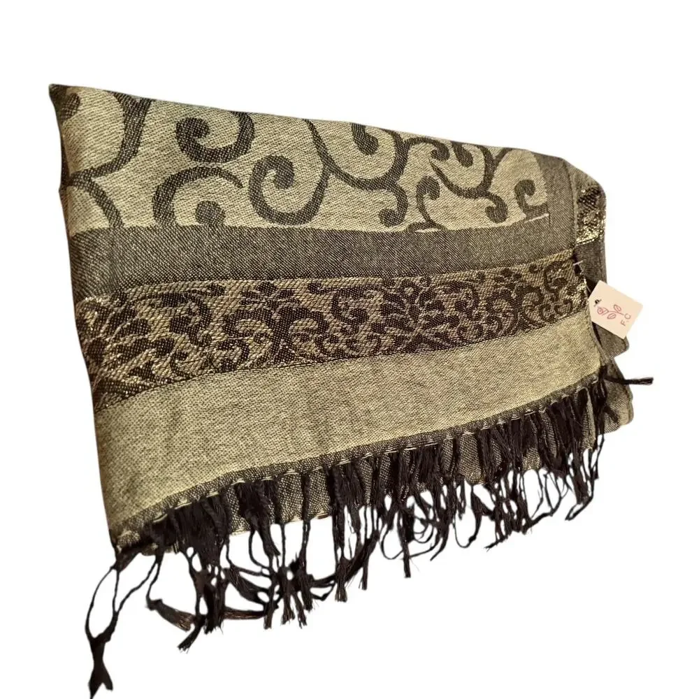 Women's Scarf Pashmina  Gold Green Brown Paisley Fringe 27